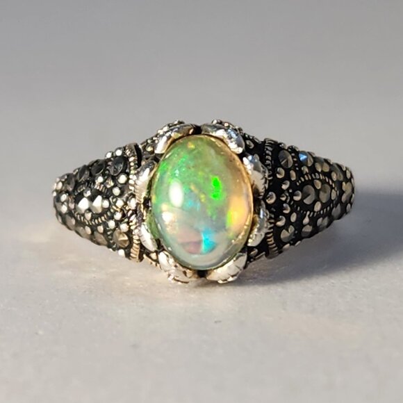 VTG 4.31g 925 Natural Ethiopian Welo Fire Opal W/ Marcasite Ring Sz 6 - Picture 4 of 15